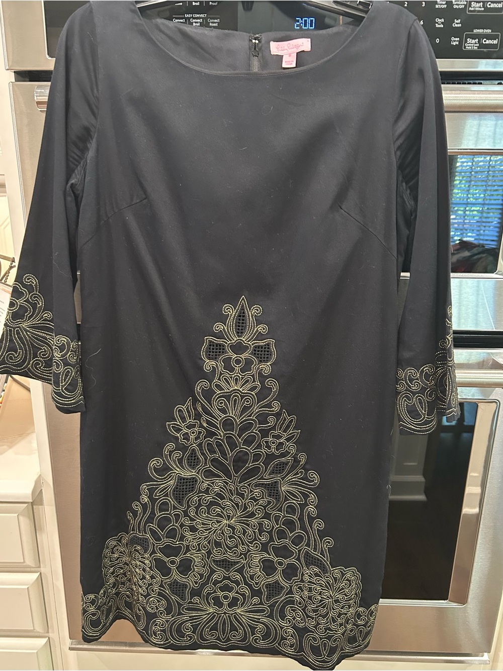 Lilly Pulitzer Black Long-Sleeve Shift Dress with Gold Embroidery
